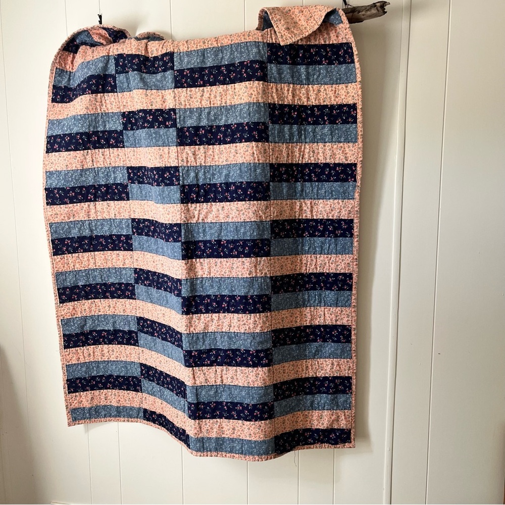 Navy and Pink Floral Quilt 53”x39”
